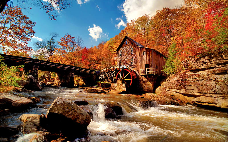 Autumn, rocks, stream, house, autumn leaves, clouds, stones, splendor, creeks, beauty, season, forests, wood, lovely, sky, trees, water, landscape, fall, colorful, mill, woods, bonito, old, graphy, leaves, bridge, water mill, fields, river, colors of autumn, forest, view, colors, tree, autumn colors, peaceful, nature, HD wallpaper