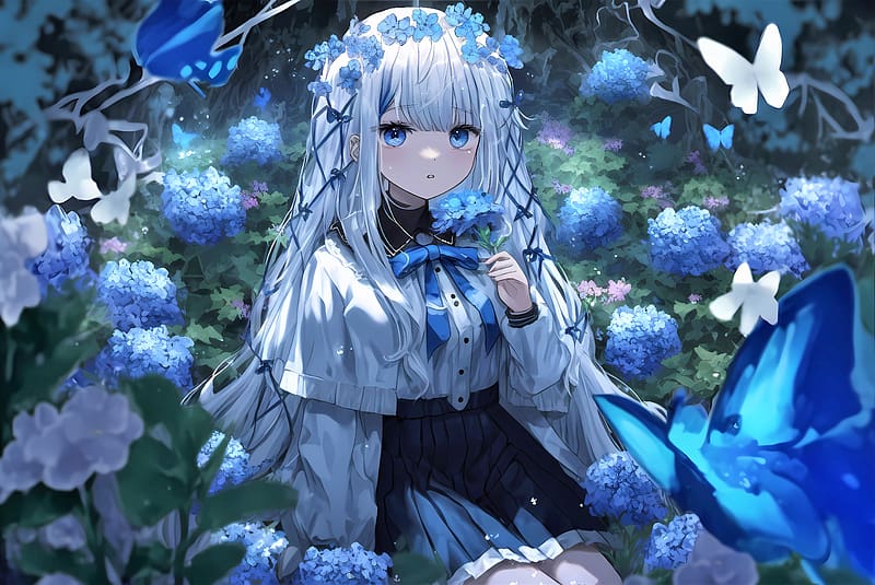 girl, flowers, wreath, blue, anime, HD wallpaper