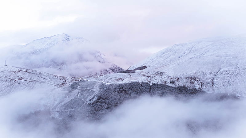 Mountains Snow Trees Fog Under White Clouds Sky Mountain, HD wallpaper Mountains Snow Trees Fog Under White Clouds Sky Mountain, HD wallpaper