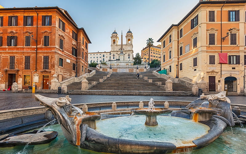 Barcaccia Fountain, Rome, Baroque, Spanish Steps, Plaza of Spain, Landmark, Italy, HD wallpaper