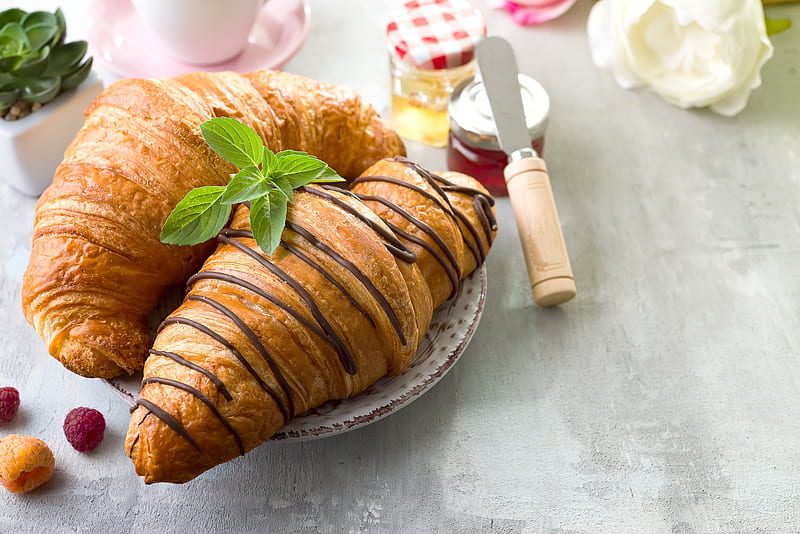 Food, Croissant, Breakfast, Jam, Still Life, Viennoiserie, HD wallpaper