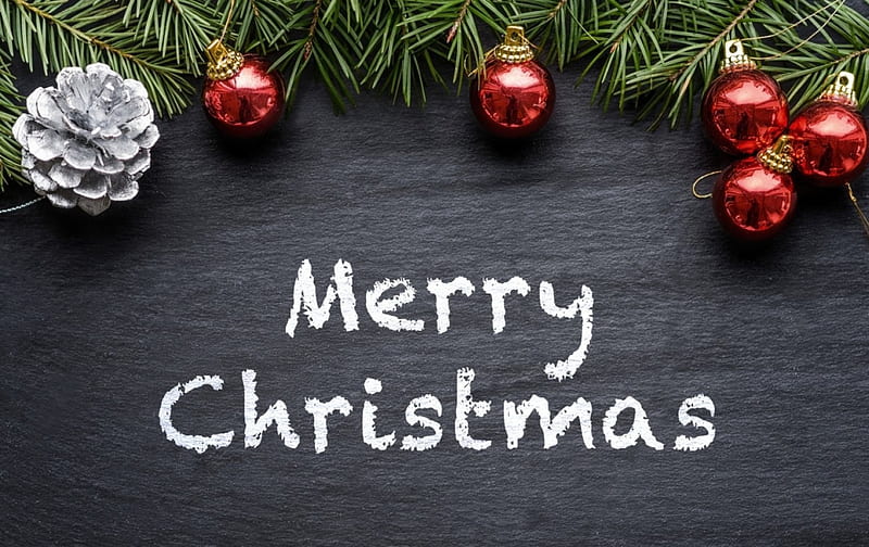 Merry Christmas!, red, craciun, christmas, black, card, ball, green, white, wood, HD wallpaper