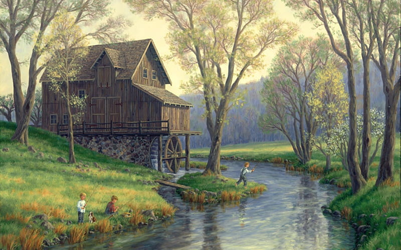 Watermill, painting, children, river, trees, HD wallpaper