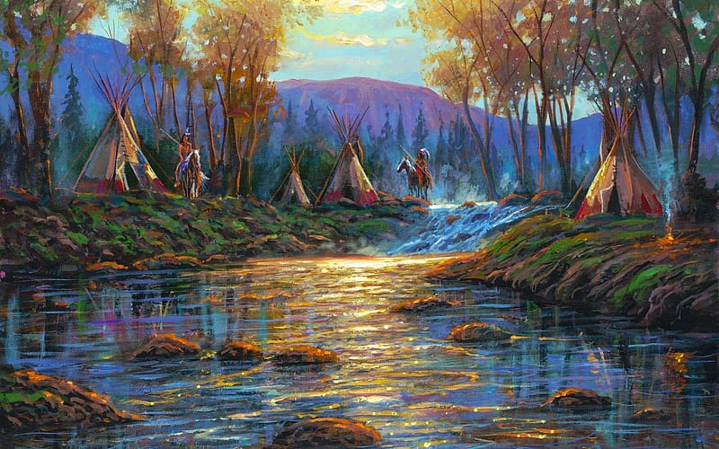 Morning Creek by Robert Finale, artwork, river, wigwam, painting, trees, mountains, tents, stones, HD wallpaper
