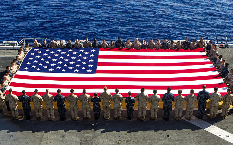 Flag of the USA, US flag, united states flag, aircraft carrier deck, US Navy, United States of America, HD wallpaper