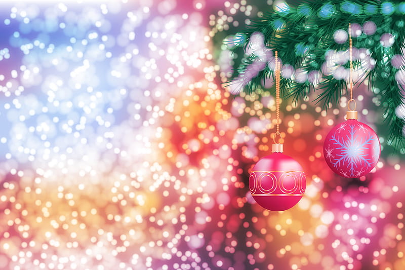 christmas toys, new year, christmas, balls, branch, HD wallpaper