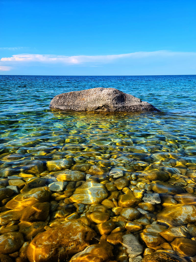 stone, water, pebbles, horizon, HD phone wallpaper