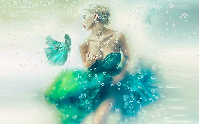 Beauty Immersed in Water, lovely, ethereal, woman, Fantasy, softness, water, bubbles, feminine, pastel, HD wallpaper