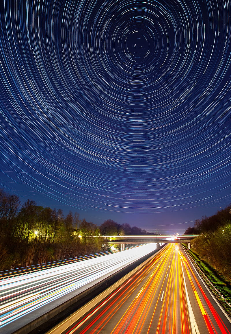road, long exposure, starry sky, direction, HD phone wallpaper