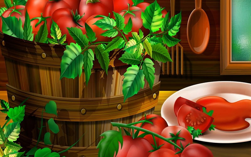 Tomatoes, red, spoon, brown, food, vegetable, green, basket, summer, plate, white, vector, HD wallpaper