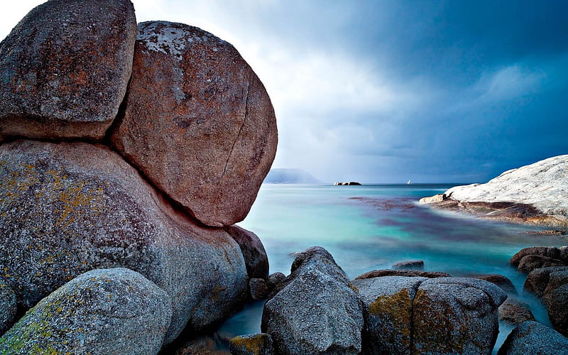 stones boulders sky sea horizon-Perfect landscape, HD wallpaper