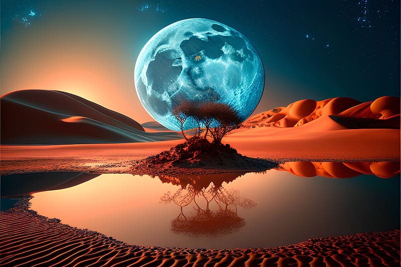 Fantasy landscape, Dawn, Silhouette, Full Moon, Tree, Desert, HD wallpaper
