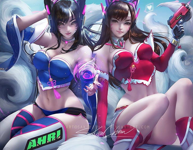 Ahri D, headphime, red, pretty, tails, video game, game, crossover, dual,  bonito, HD wallpaper | Peakpx