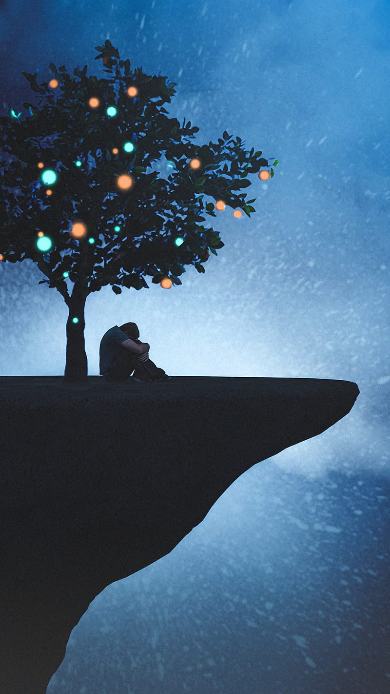 Tree on Cliff , sadness, loneliness, silhouette, dark, sad, man, HD phone wallpaper