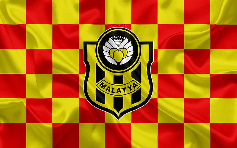 Yeni Malatyaspor logo, creative art, red-yellow checkered flag, Turkish football club, emblem, silk texture, Malatya, Turkey, HD wallpaper