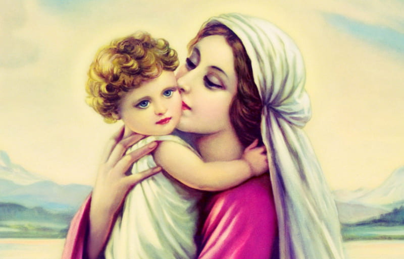 Mother and Child, art, blonde, holly, woman, baby, kiss, christ, maria, jesus, girl, people, white, pink, HD wallpaper