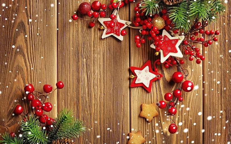 Merry Christmas!, red, deco, craciun, christmas, card, green, berry, star, wood, HD wallpaper