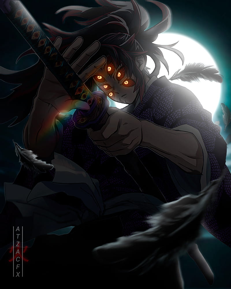 Kokushibou, demon, demon slayer, kimetsu no yaiba, moon, HD phone wallpaper