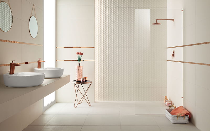 modern stylish bathroom, copper faucets, white bathroom interior, bathroom project, modern stylish interior design, bathroom, HD wallpaper