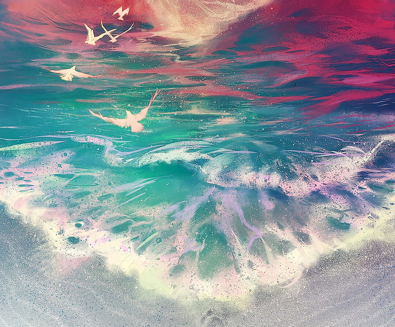 Meet the sea, art, luminos, yuumei, sea, wave, vara, fantasy, water ...