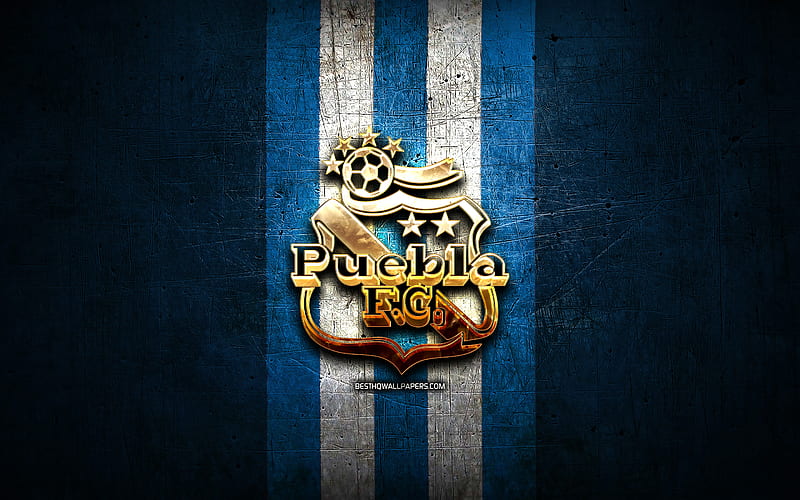 Puebla FC, golden logo, Liga MX, blue metal background, football, Club Puebla, mexican football club, Club Puebla logo, soccer, Mexico, HD wallpaper
