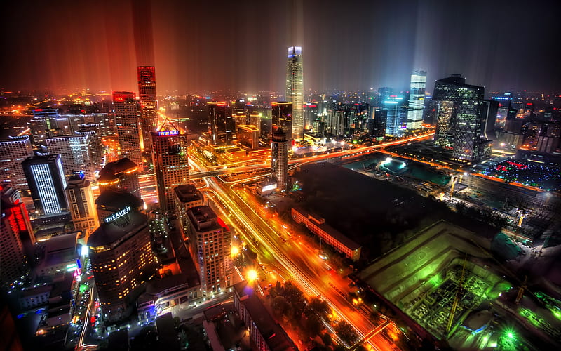 Beijing, nightscapes, street, modern buildings, Asia, China, HD wallpaper