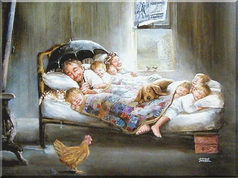 Sleepytime, family, children, fun, sleeping, bed, farm, parents, snoozing, grandma, funny, farmyard, chickens, animals, grandpa, HD wallpaper