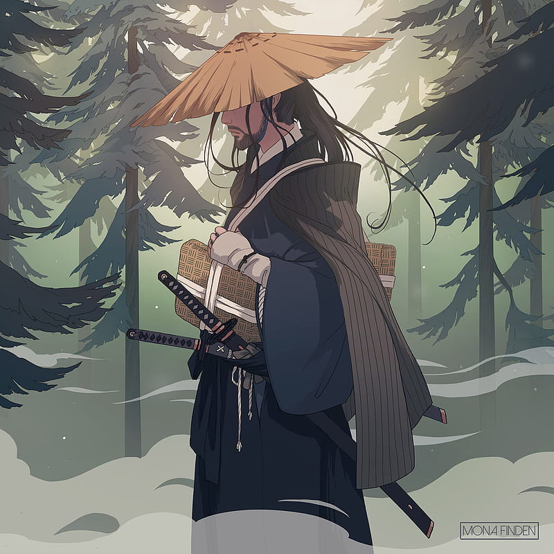 Ronin, forest, hat, illustrations, japan, katana, man, mist, samurai, HD phone wallpaper