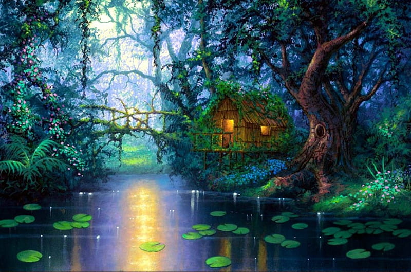 Enchanted Forest, leaves, painting, waterlilies, river, cabin, trees, artwork, light, HD wallpaper