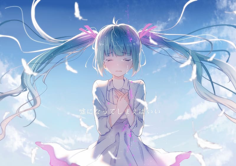 Anime Sky Feather Cloud Vocaloid Dress Ribbon Tears Blue Hair