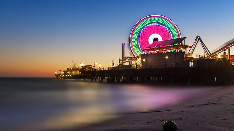 wonderful santa monica pier at twilight r, beach, amusement park, pier, r, twilight, sea, HD wallpaper
