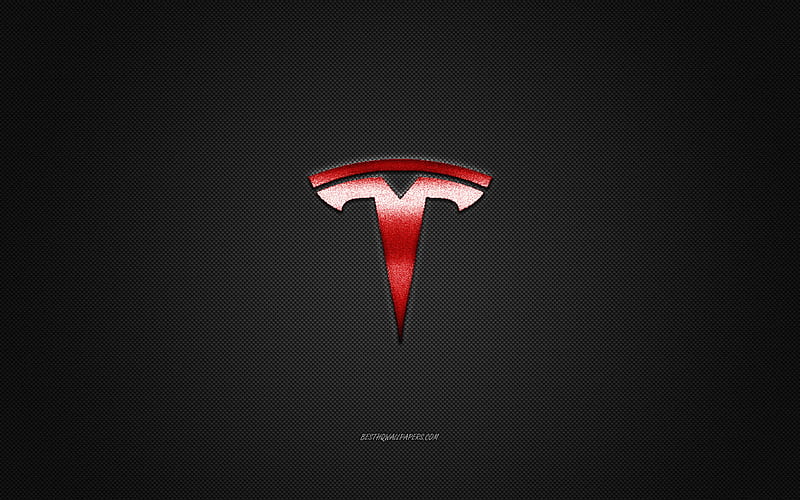 Tesla logo, red logo, gray carbon fiber background, Tesla metal emblem, Tesla, cars brands, creative art, HD wallpaper
