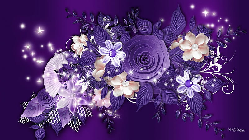 Purple WOW, sparkle, flowers, leaves, purple, netting, rose, flowers, shine, HD wallpaper