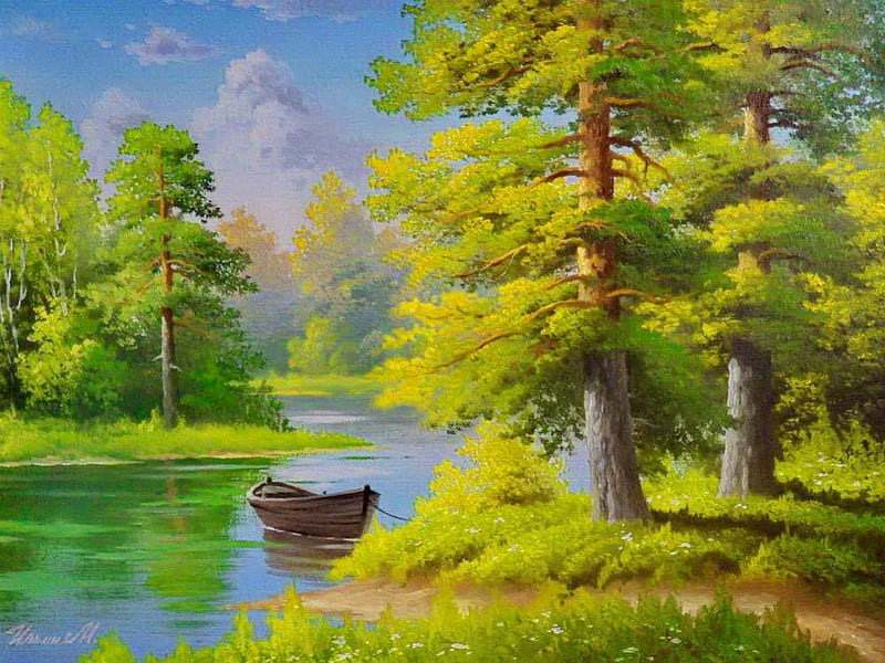 Boat in calm river, pretty, riverbank, shore, grass, bonito, nice, calm, boat, green, painting, path, river, forest, lovely, greenery, spring, sky, lake, tranquil, serenity, summer, lakeshore, HD wallpaper