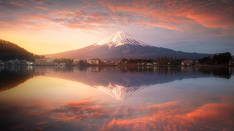 Lake Kawaguchi with Mt. Fuji, japanese, clouds, lake, mountain, japan, nature, reflection, scenery, fuji, HD wallpaper