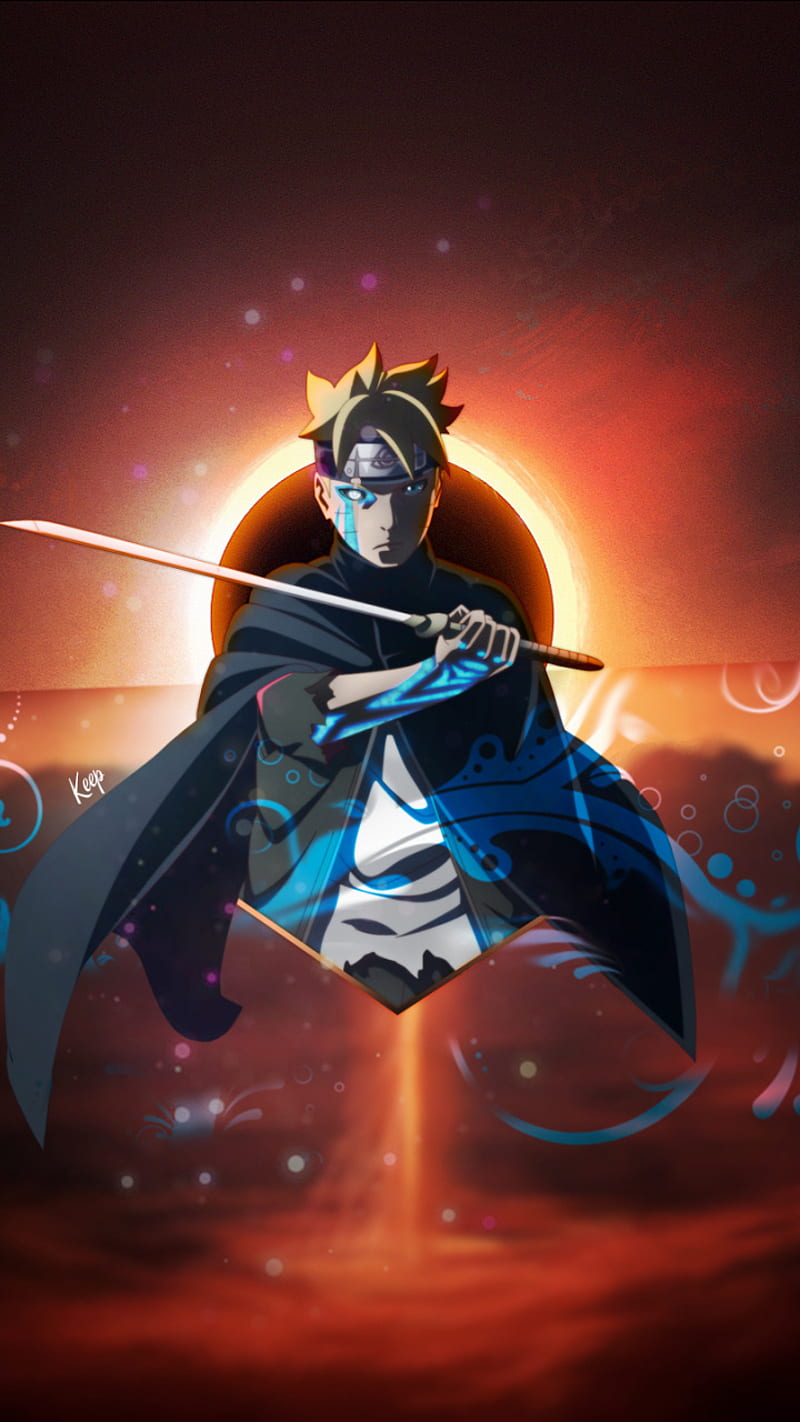 Boruto karma, art, transformation, sun, naruto, orange, sword, lava, blue, design, anime, espada, HD phone wallpaper