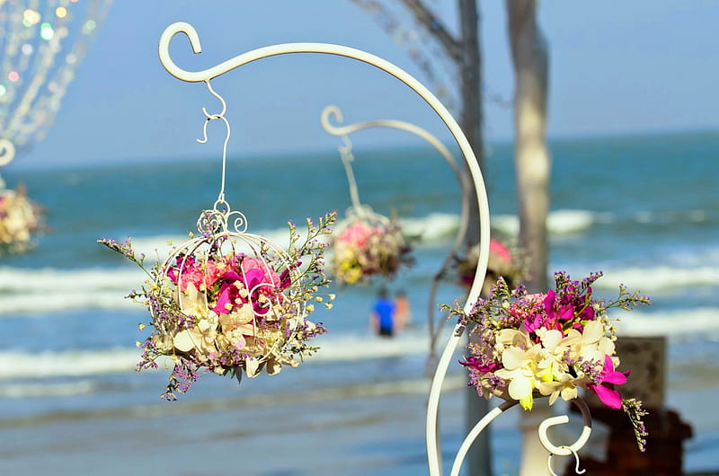 Just Beautiful , lovely, lantern, decoration, bonito, wedding, sea, beach, graphy, flowers, pink, HD wallpaper