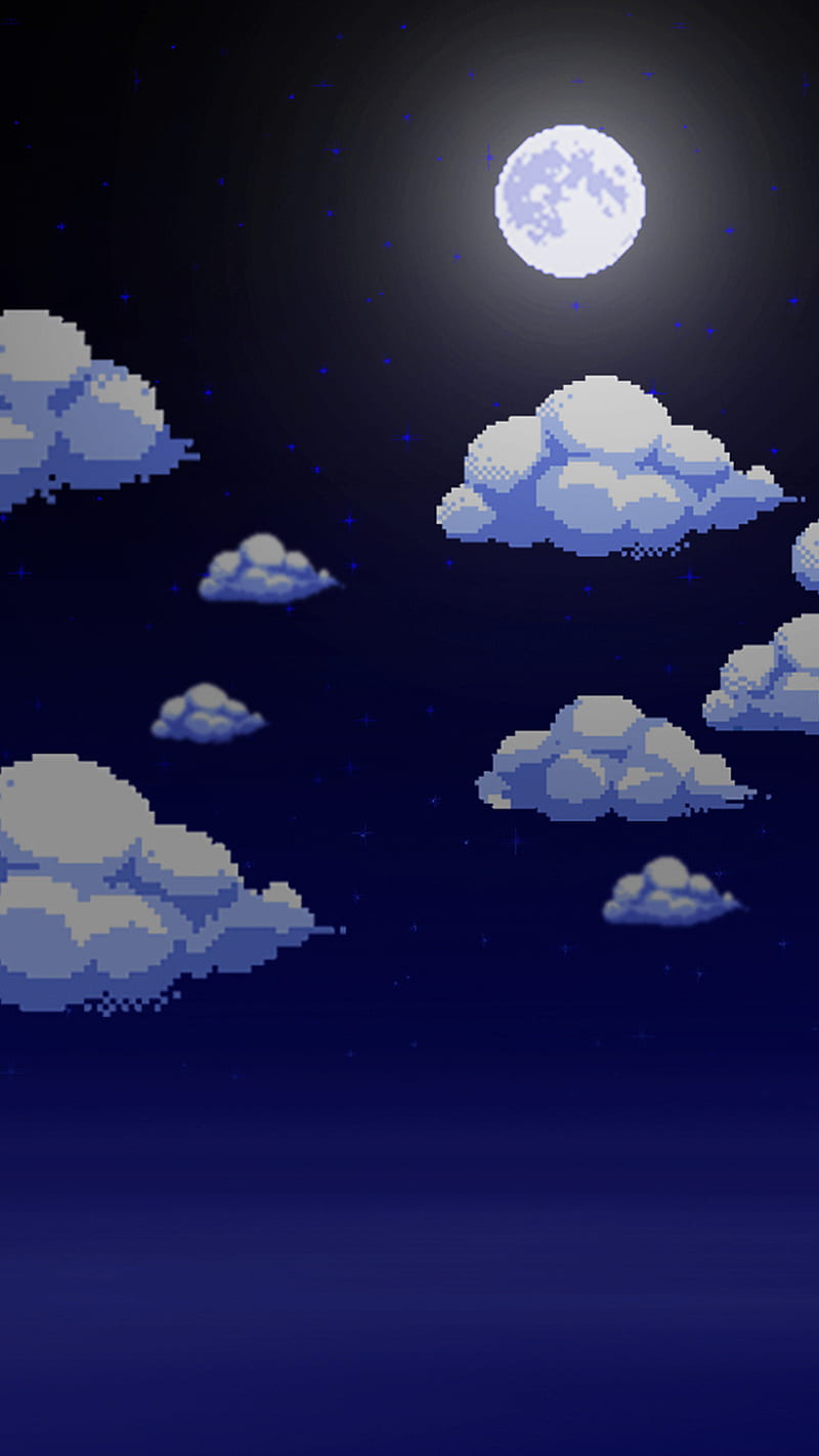 8-bit Moonlight, 8bit, arcade, blue, cloud, moon, pixel, HD phone wallpaper