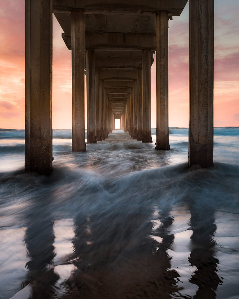 pier, sea, waves, pillars, water, HD phone wallpaper