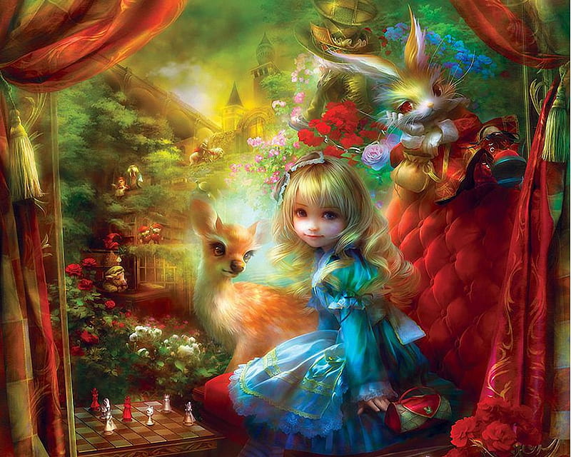 Cinderella, castle, girl, deer, art, rabbit, chess, HD wallpaper