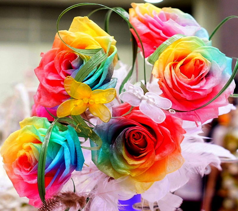 Rainbow Delicacies, colorful, roses, HD wallpaper