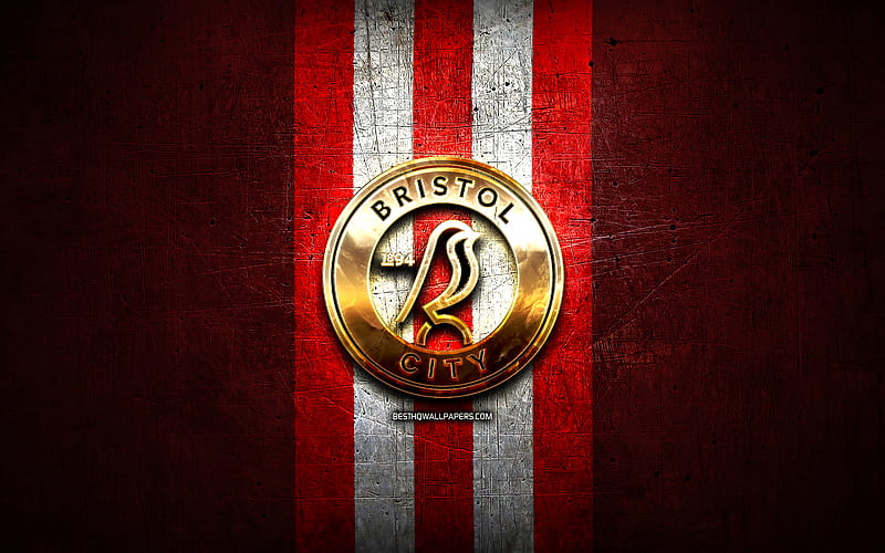 Bristol City FC, golden logo, EFL Championship, red metal background, football, FC Bristol City, english football club, Bristol City FC logo, soccer, England, HD wallpaper