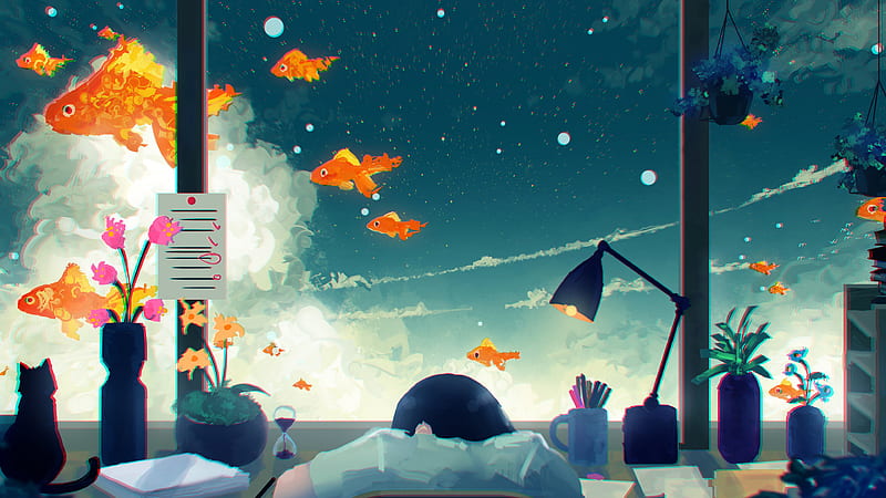 Anime, Original, Cat, Cloud, Goldfish, Lamp, Sky, Window, HD wallpaper