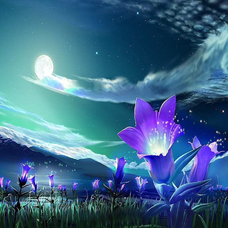 Night Lily, blue, fantasy, flowers, green, land, nature, night, world, HD phone wallpaper