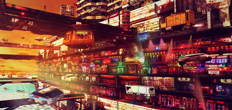 Shopping District , cyberpunk, artist, artwork, digital-art, HD wallpaper