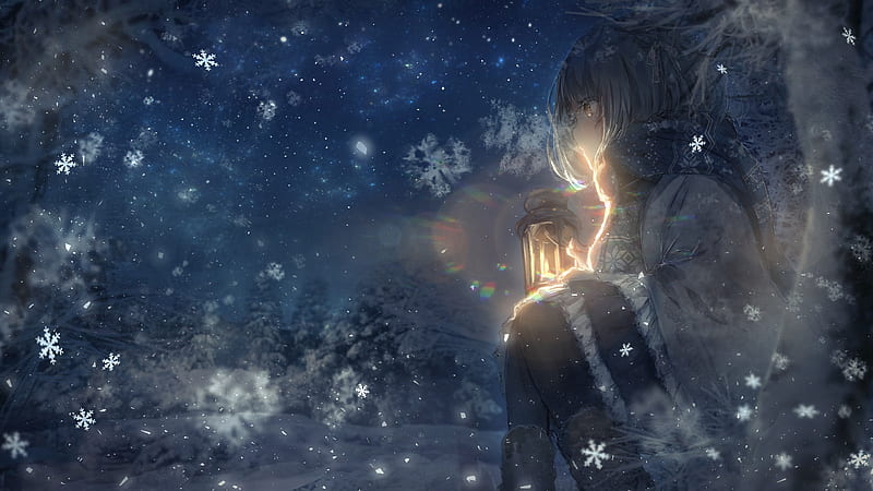 Anime, Original, Girl, Lantern, Night, Snowflake, Winter, HD wallpaper