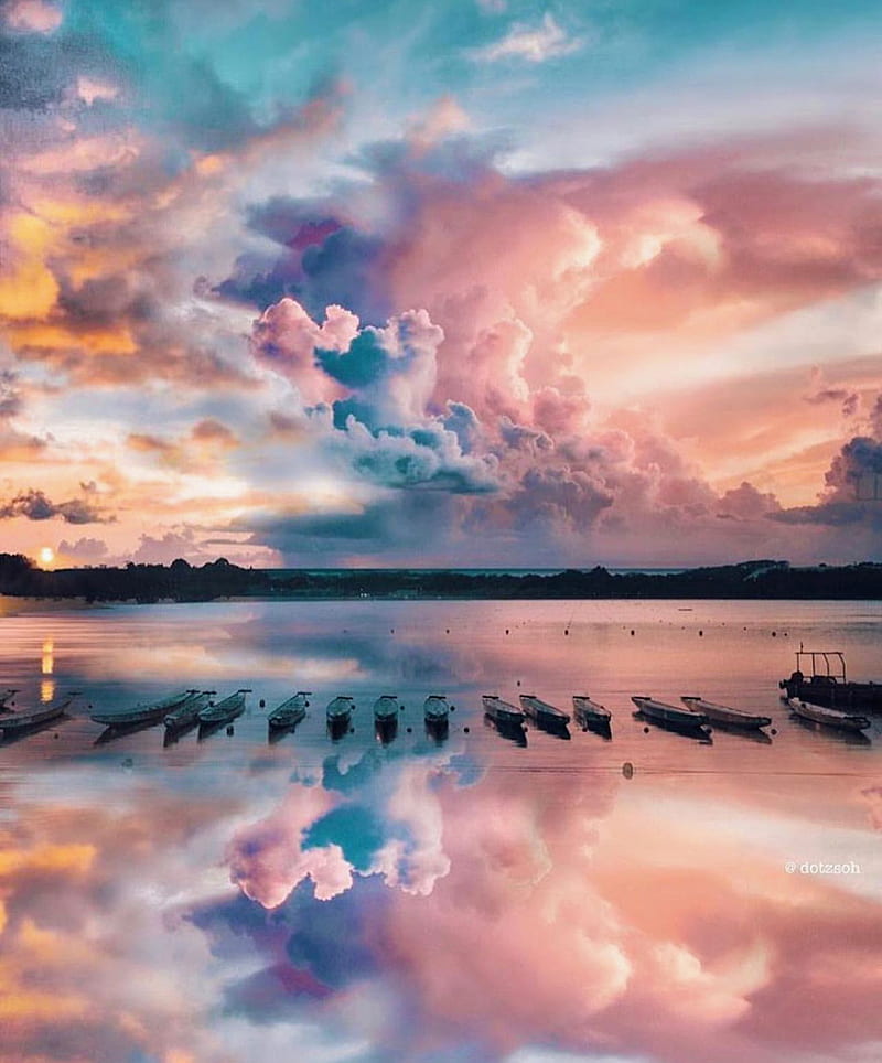 Blue skies, boats, ocean, pink, pink skies, sunrise, sunset, water, waters, HD phone wallpaper