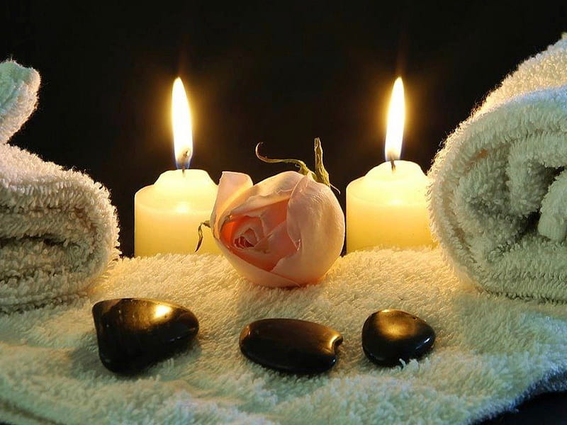 Relaxing at the Spa, candle, rest, rocks, rose, soft, towel, stone, spa, candle light, white, pink, massage, HD wallpaper