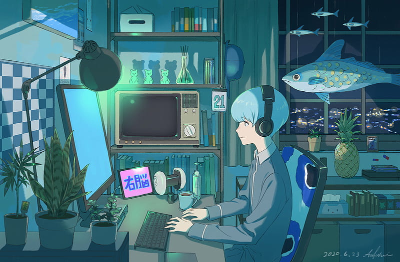 Anime, Original, Boy, Headphones, Fish, Blue Hair, HD wallpaper