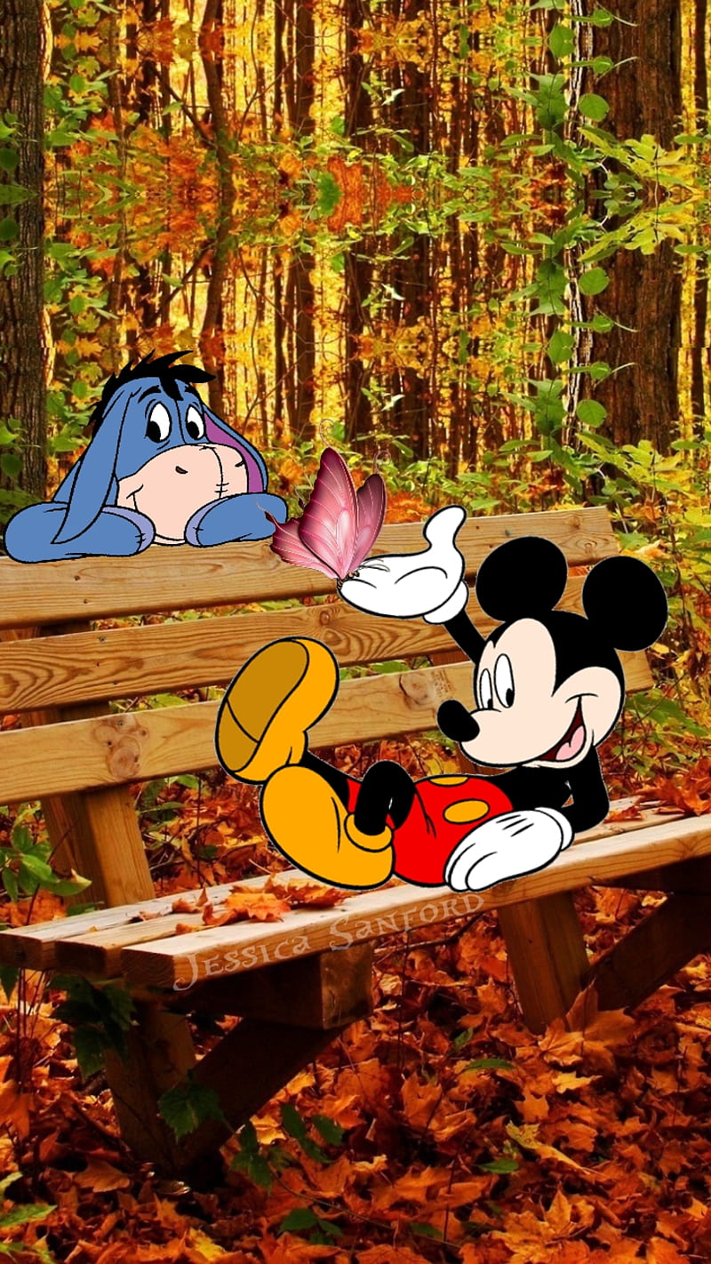 Mickey Mouse, bench, butterfly, eeyore, fall, trees, woods, HD phone wallpaper